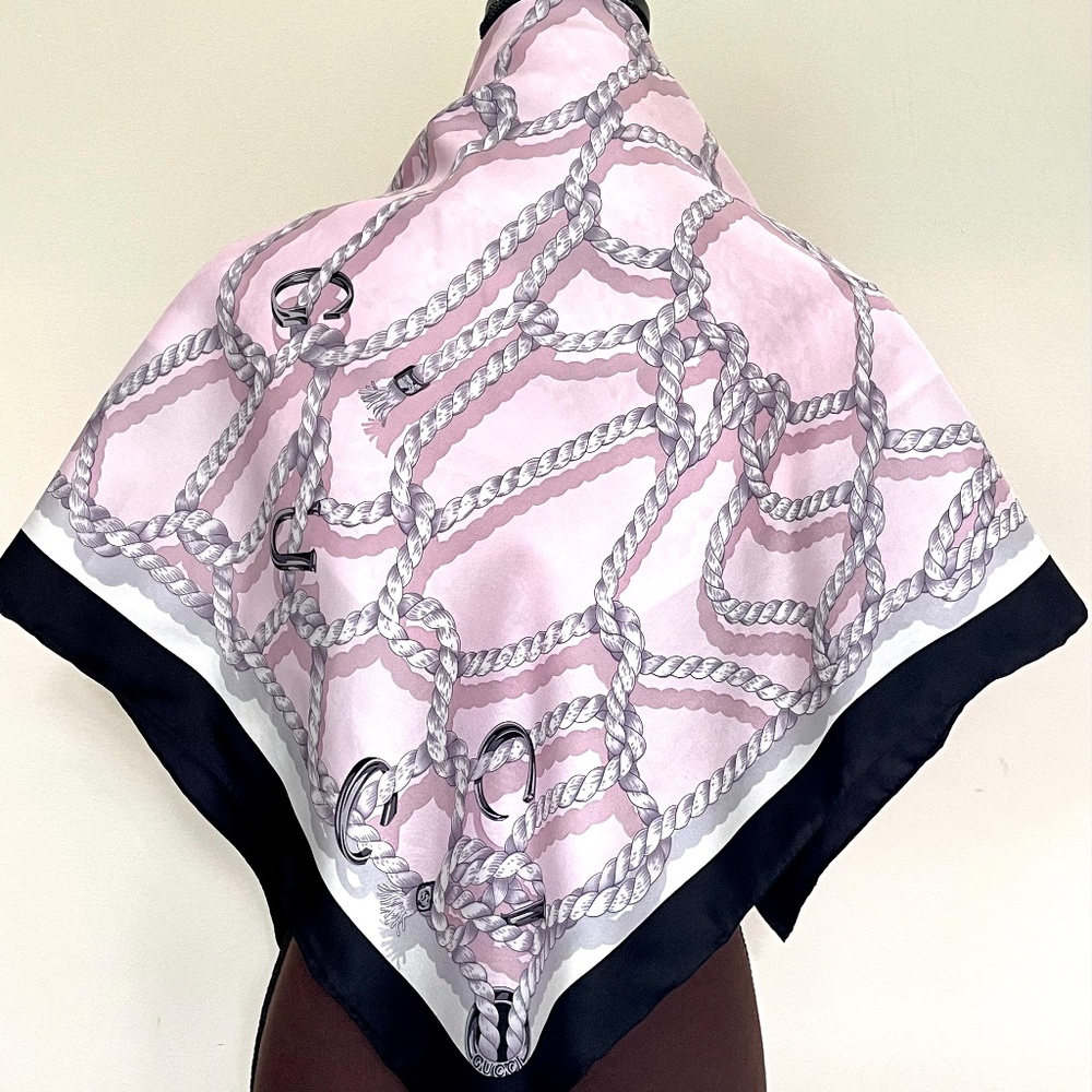 New Gucci Silk Scarf Pink Ropes Print Black Border Silk Wrap Scarf - Picture 6 of 15